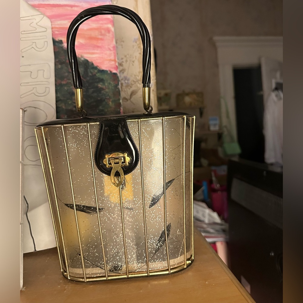 1950s Lucite & Gold Foil Box Purse With Top Handle